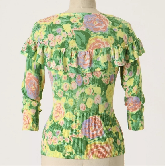 Anthropologie Floral Ruffle Cardigan Sweater Little Yellow Bird - Picture 8 of 8